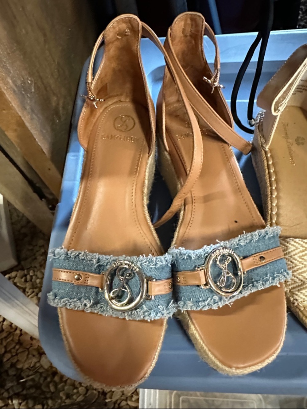 Sam & Libby Tan Leather and Blue Frayed Denim Ankle-Strap Sandals